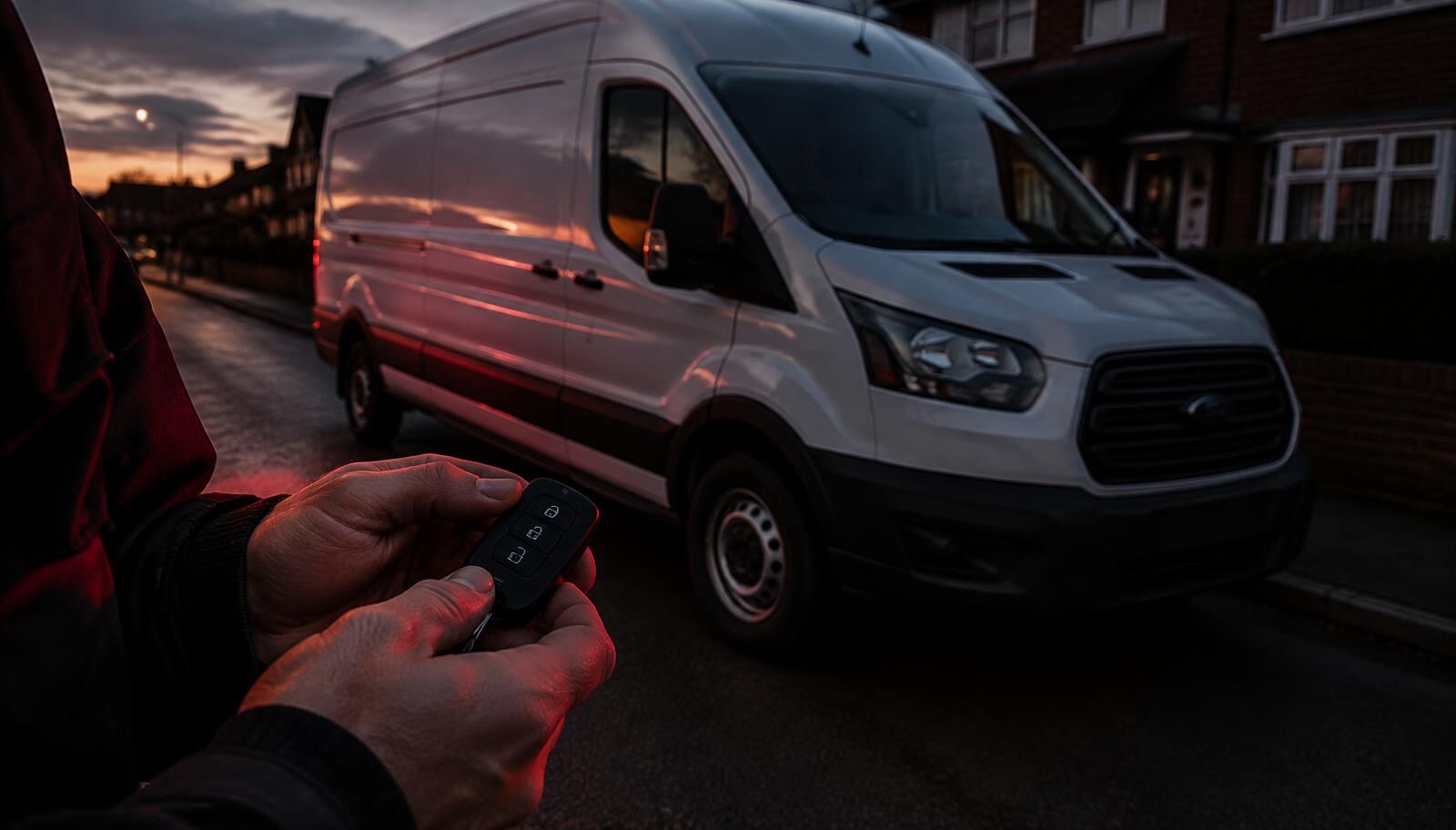 White panel van parked on a Southampton street with a technician holding a van key fob